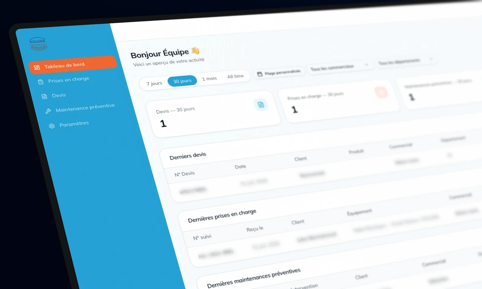 Tableau de bord de l'application interne ALUGA : devis, prises en charge et maintenances préventives